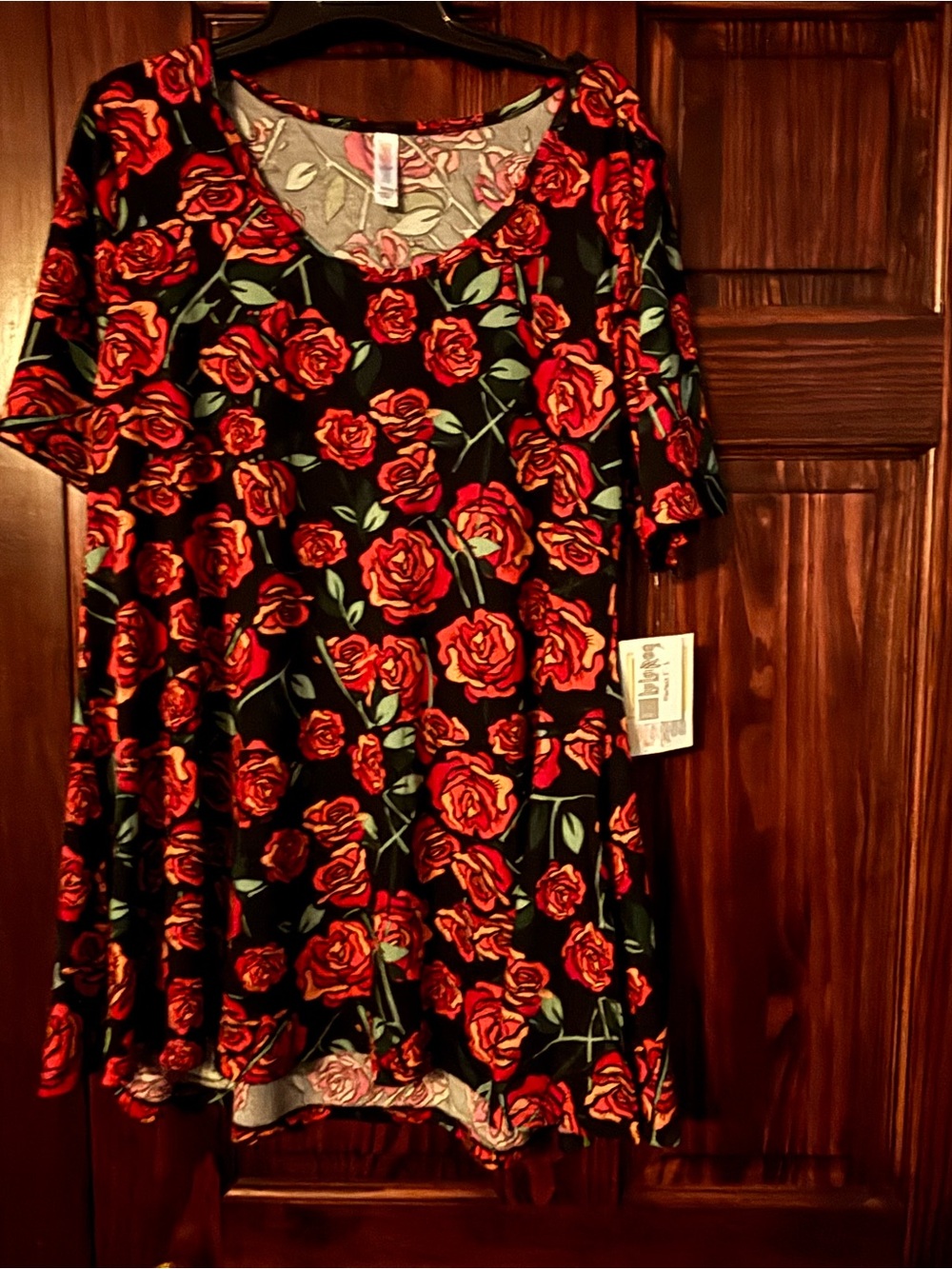 LuLaRoe Black Top with Red and Peach Rose Print